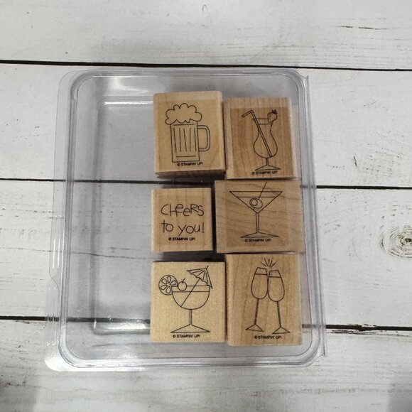 Stampin Up! Cheers To You Wood Mounted Rubber Stamps Set of 6 Cocktail Beer Wine - Picture 2 of 12
